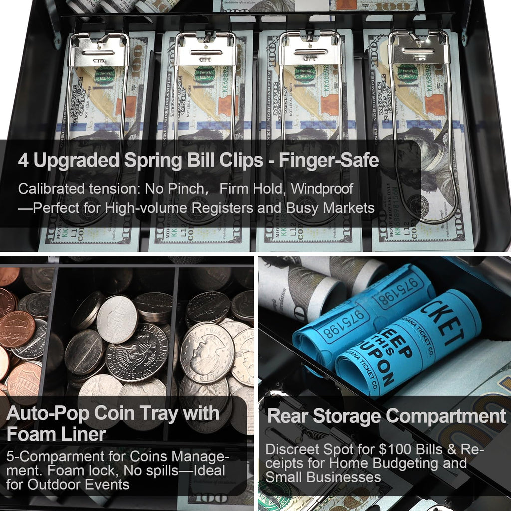 Jssmst Cash Box with Key Lock - 1mm Thick Metal Money Box for Garage Sales, Yard Sales and Petty Cash, Portable Cash Drawer with Coin Tray & Spill-Proof Foam Coin Cover, 4 No-Pinch Bill Clips,11.8''