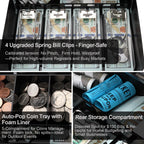Jssmst Cash Box with Key Lock - 1mm Thick Metal Money Box for Garage Sales, Yard Sales and Petty Cash, Portable Cash Drawer with Coin Tray & Spill-Proof Foam Coin Cover, 4 No-Pinch Bill Clips,11.8''