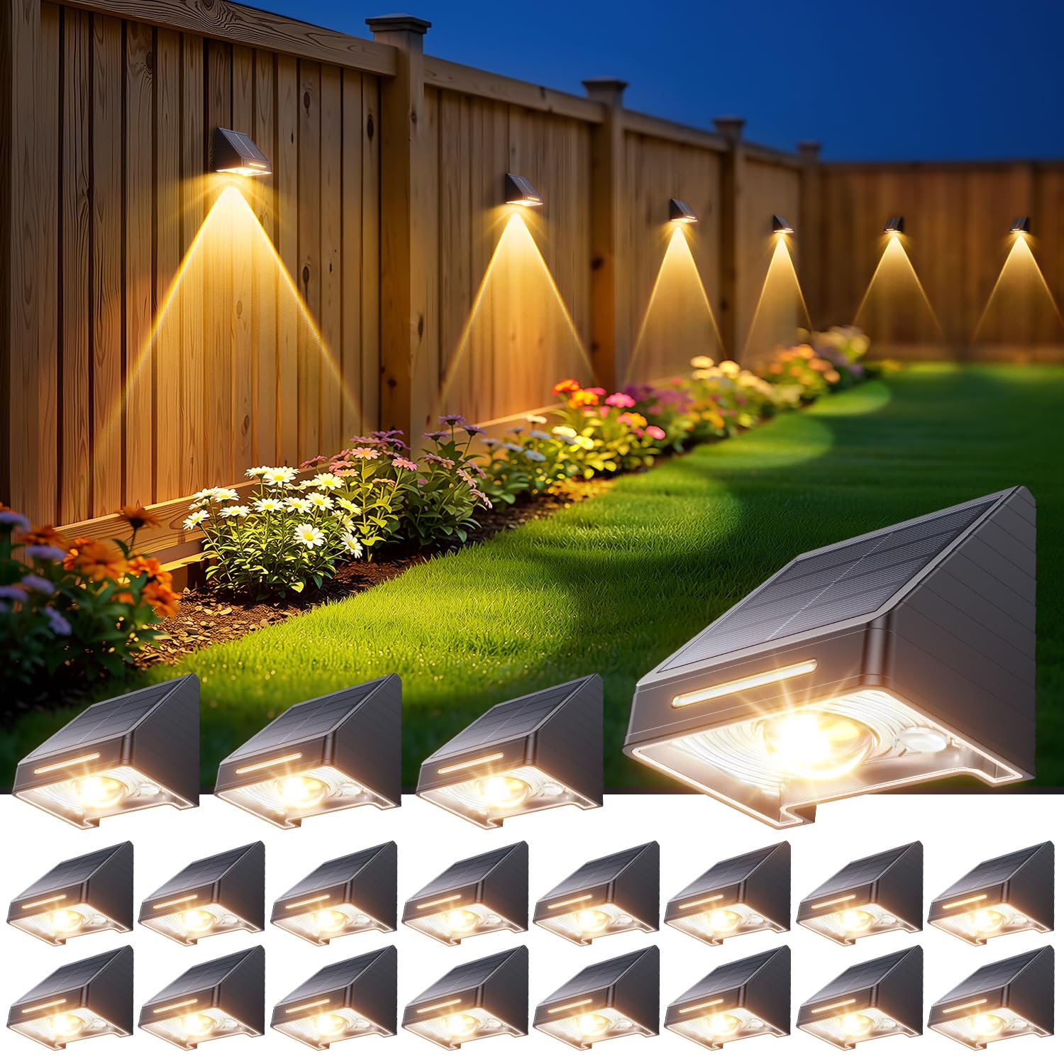 KOOPER Solar Fence Lights Outdoor Waterproof 20 Pack, Solar Fence Lights with Ultra-Bright LED Lens, 10 Modes & 9 Colors Outdoor Solar Lights for Fence, Backyard, Railing, Patio, Wall, Step, Deck