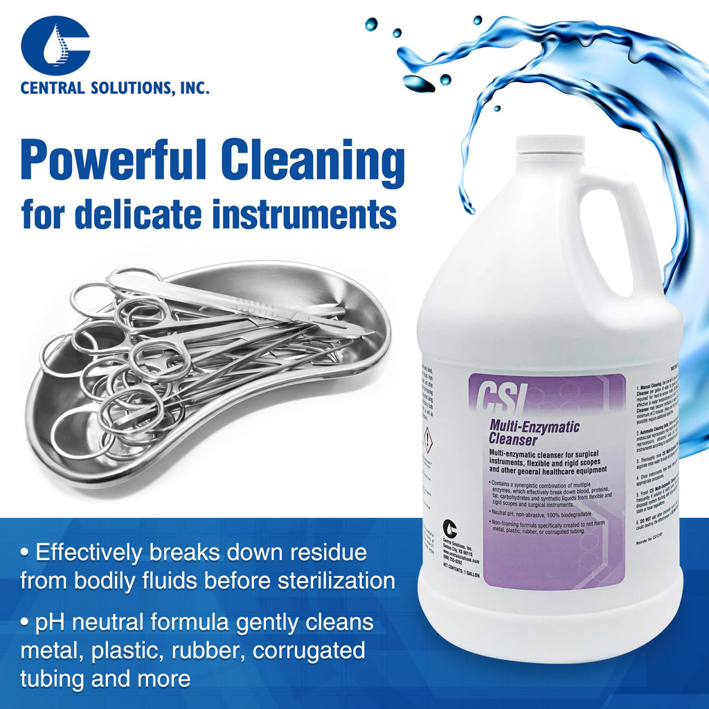 CSI Central Solutions Multi Enzymatic Cleanser - Hospital Grade Medical Instrument Cleaner for Presoak and Manual Processing, 1 Gal