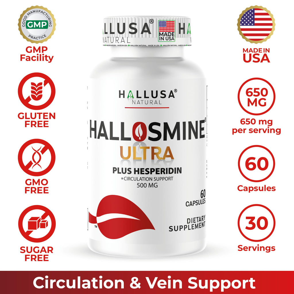 Hallusa Natural Hallosmine Ultra Diosmin 500mg & Hesperidin 150mg – Heavy Legs, Swelling & Vein - Blood Circulation Supplements, 60 Caps