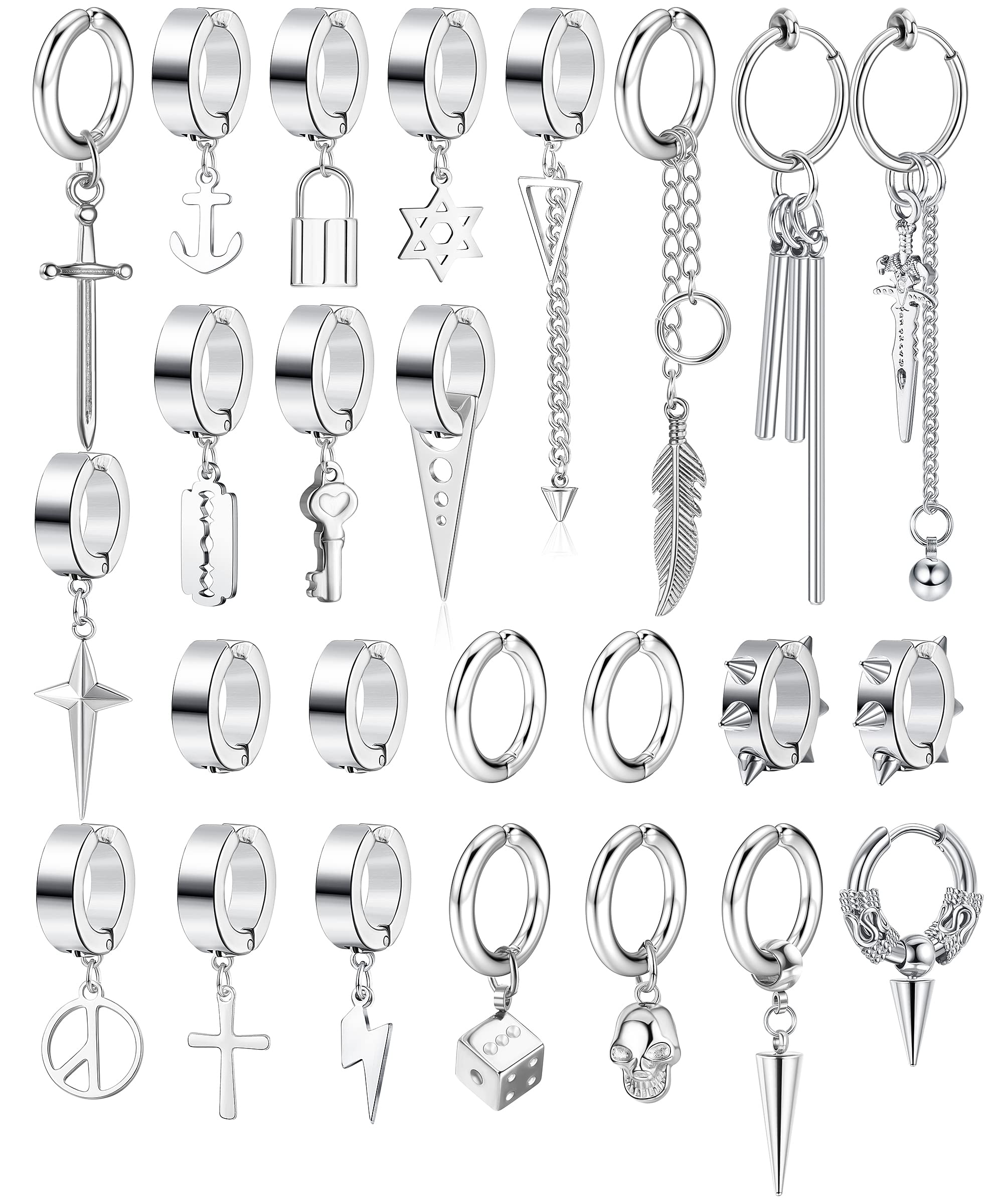 THUNARAZ 25Pcs Clip on Earrings for Men Cross Dangle, Fake Earrings