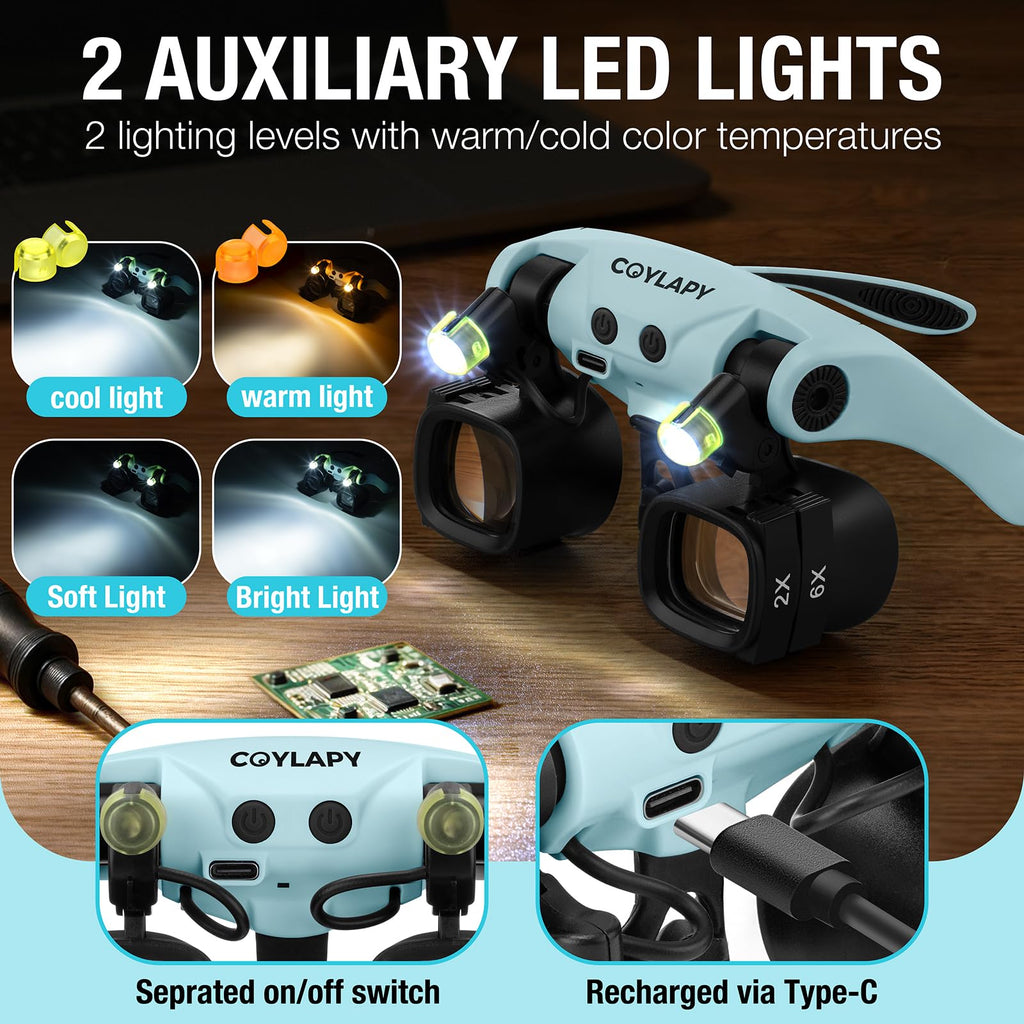 COYLAPY Magnifying Glasses for Close Work, Jewelers Magnifying Glass with Light & 5 Interchangeable Lens Pairs(2X 4X 6X 10x 13x), Headband Loupe Magnifier for Watch Repair,Crafts (Blue)