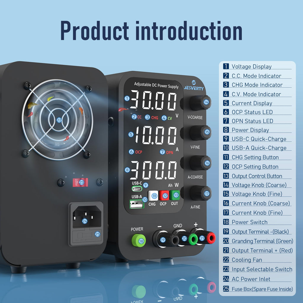 Jesverty DC Power Supply Variable, 0-32V 0-10A Switching Bench Power Supply with Intelligent Charging Mode, 20W USB & Type-C Quick-Charge, Encoder Knob, Output Switch, 4-Digit LED Display - SPS-3010C