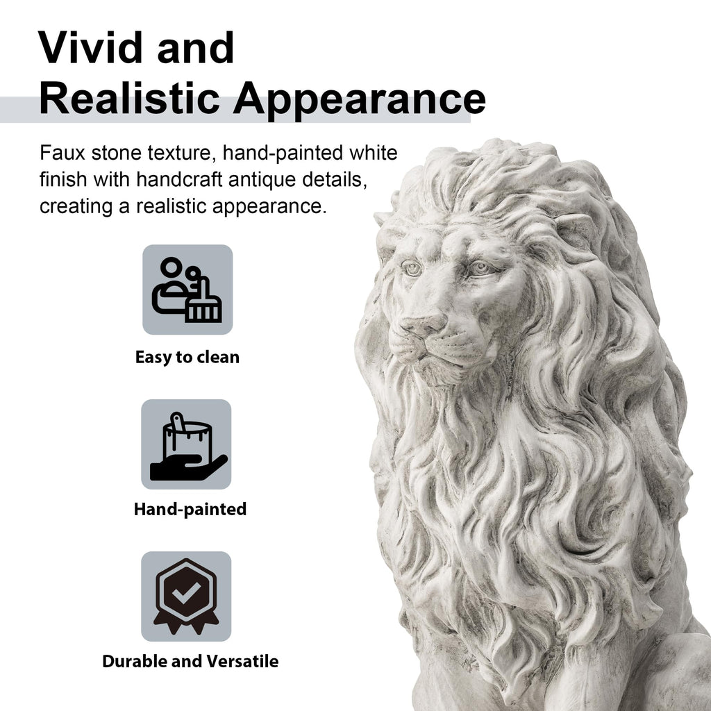 Glitzhome Guardian Sitting Lion Garden Statue MGO Outdoor Decoration, 20.75" H, White