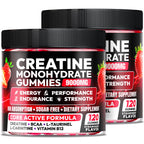 Creatine Monohydrate Gummies 9000mg for Men & Women, Creatine Gummies Pre Workout Creatine Chews for Muscle Growth, Strength & Energy, with L-Taurine, Sugar Free, Vegan, 2 Pack, Strawberry Flavor