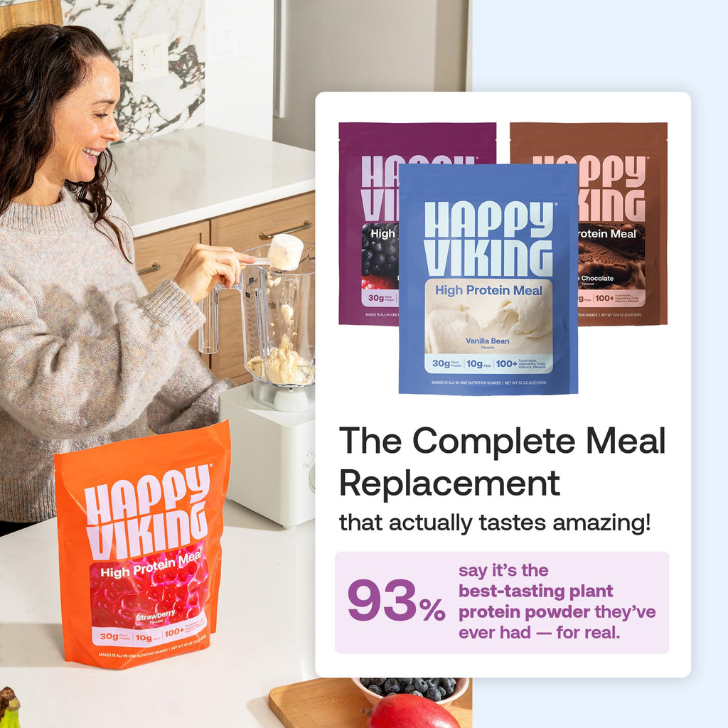 Happy Viking Plant-Based Protein Powder +100 Superfoods Strawberry Meal Replacement Shake, Created by Venus Williams, 30g Plant Protein, 10g Fiber, Vegan, Gluten-Free, Non-GMO,15 Meals
