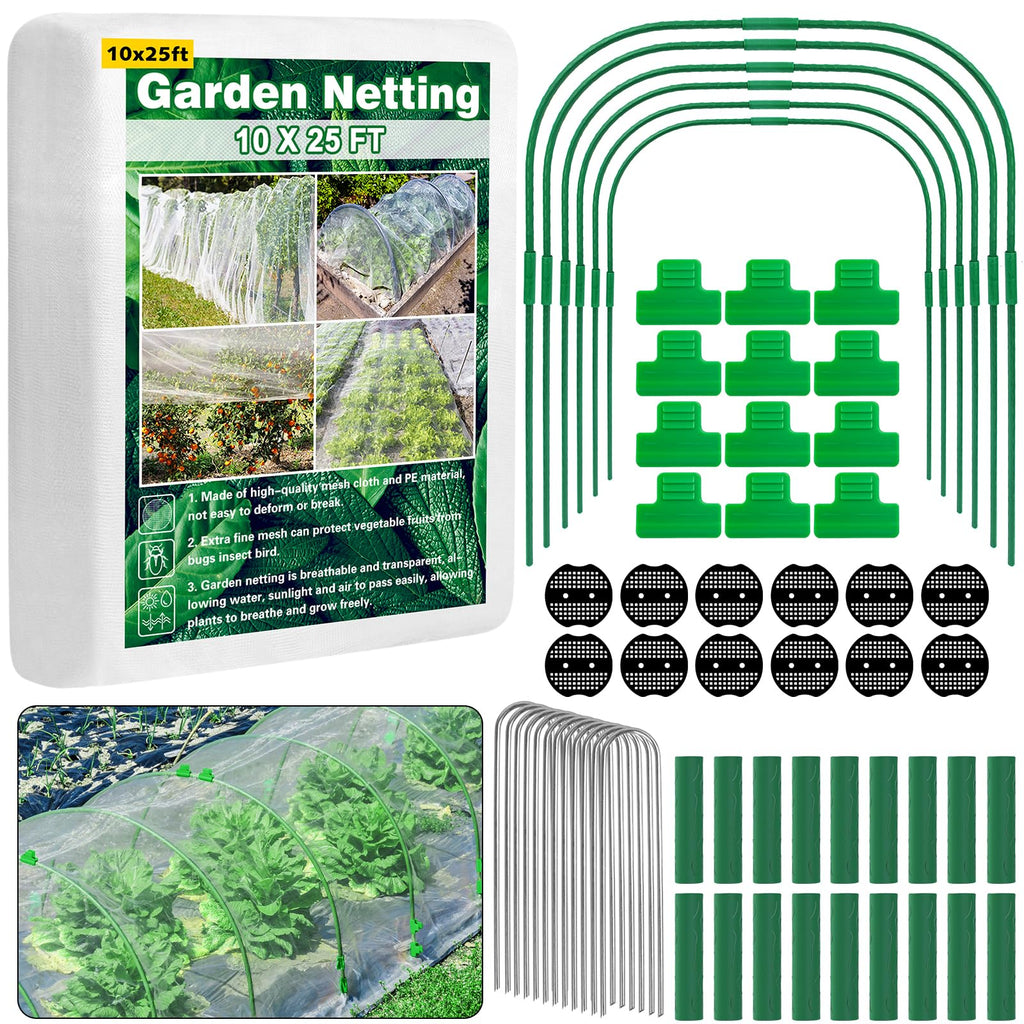 Unves 67 Pcs Garden Netting Kit, 10x25 Ft Ultra Mosquito Bird Netting with 6 Hoops & 12 Clips, Fruit Tree Netting for Patio Raised Beds Vegetable Flowers Protection Barrier