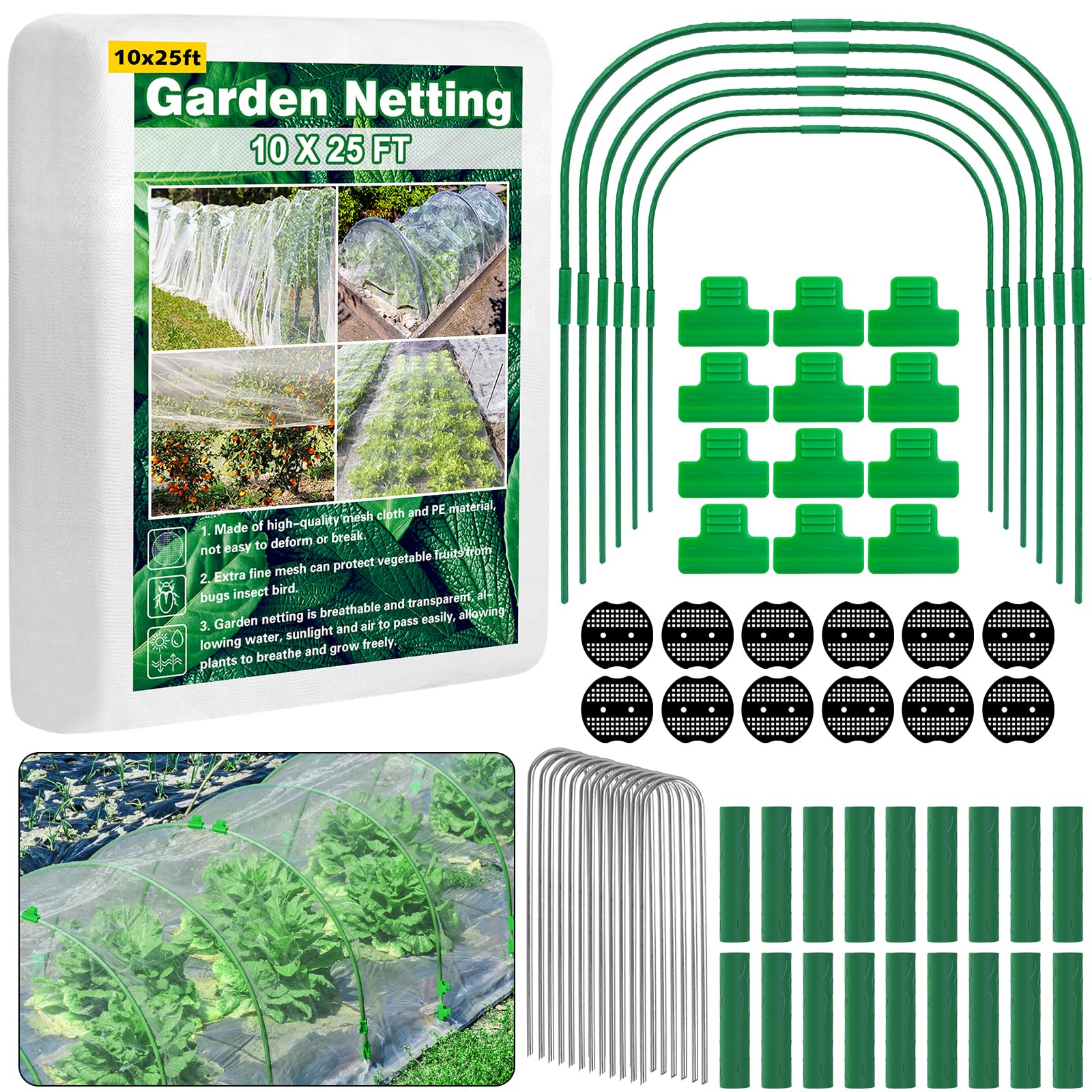 Unves 67 Pcs Garden Netting Kit, 10x25 Ft Ultra Mosquito Bird Netting with 6 Hoops & 12 Clips, Fruit Tree Netting for Patio Raised Beds Vegetable Flowers Protection Barrier