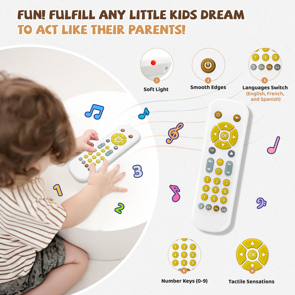 Baby TV Remote Toy - Realistic Play Remote toy with Lights and Sounds, 3 Languages (English, Spanish & French), Learning Musical Toys, Preschool Infant Boys Girls Toys Gift for 1 2 Year Old, Black