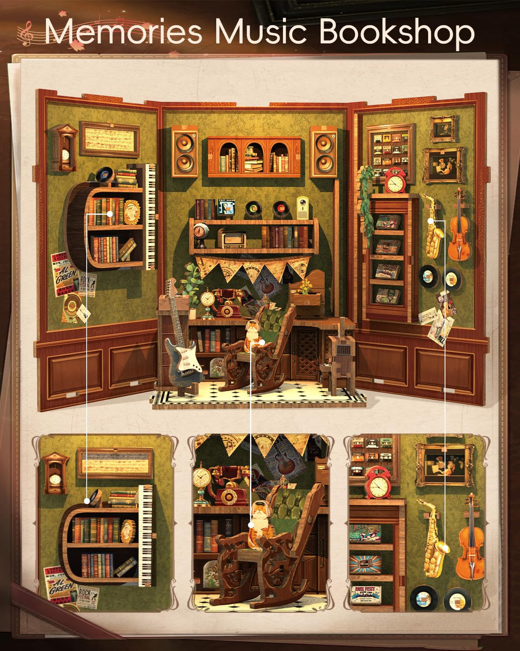 CUTEBEE Book Nook Kit - DIY Miniature House Dollhouse Kit for Adult and Teens, Booknook Bookshelf Decor Alley Model Build with LED Light, Gifts for Family and Friends (Memories Music Bookshop)
