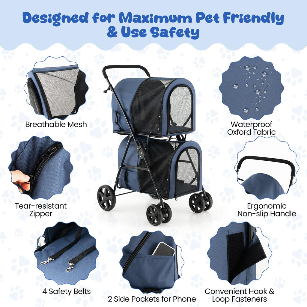 HAPPAWS Dog Stroller with 2 Detachable Carrier, Pet Stroller for Small Medium Dogs Cats, Jogger/Travel/Camping, 4-in-1 Doggy Pet Carrier, Carrier Strolling Cart with Lockable Wheels, Navy Blue