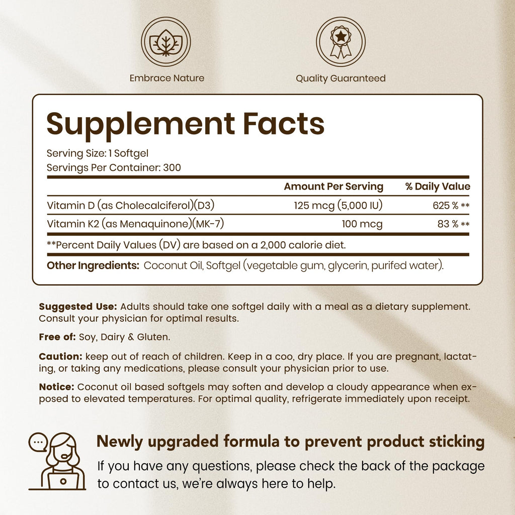 VEV Corefeel Vitamin D3 K2, 5000 IU D3 100mcg K2 (MK 7), 300 Softgels, 2-in-1 Vitamin D & K Supplement with Coconut Oil, Supports Calcium Absorption and Bone Health, Easy to Swallow