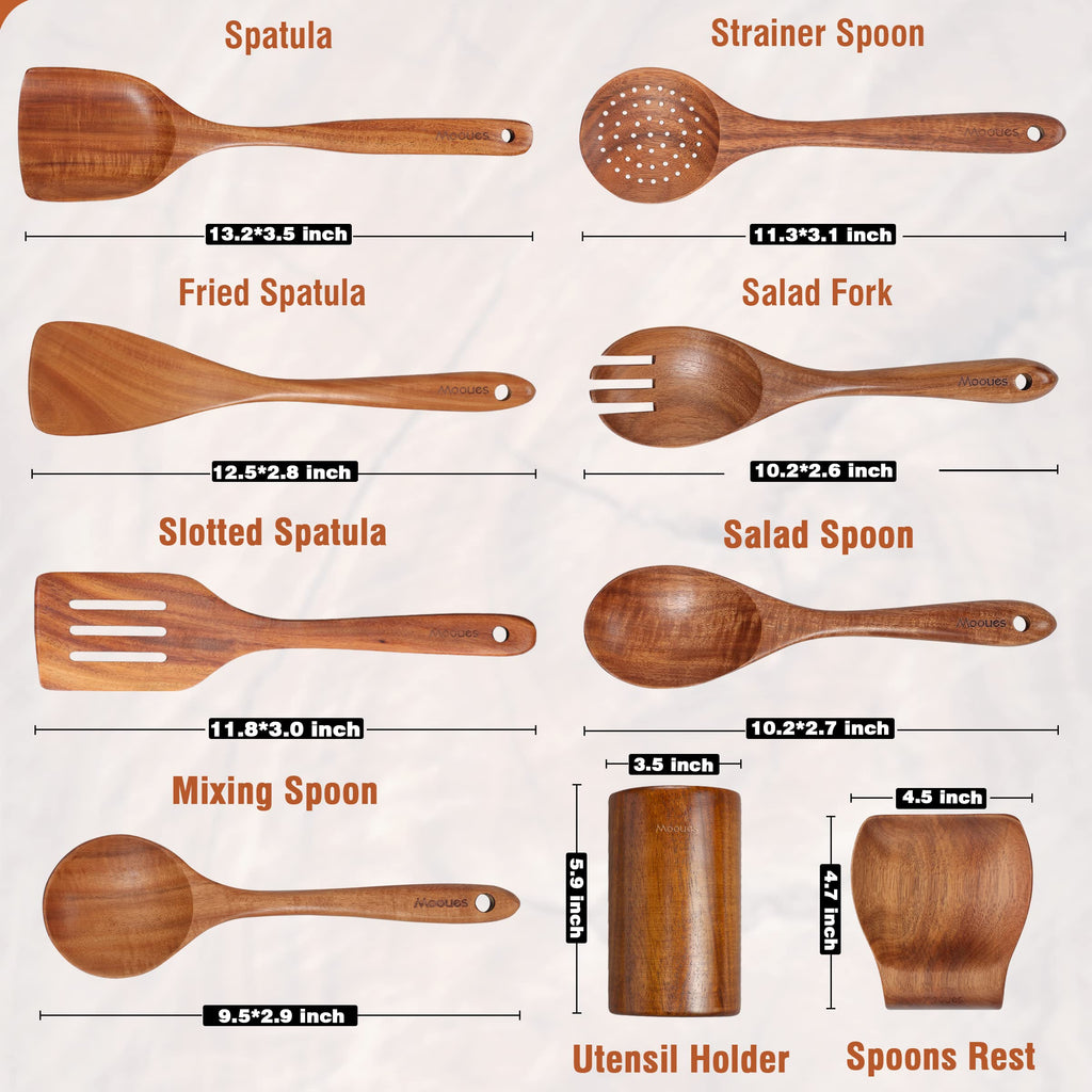 Mooues Wooden Kitchen Utensil Set, 9 Piece Natural Teak with Spoon Rest