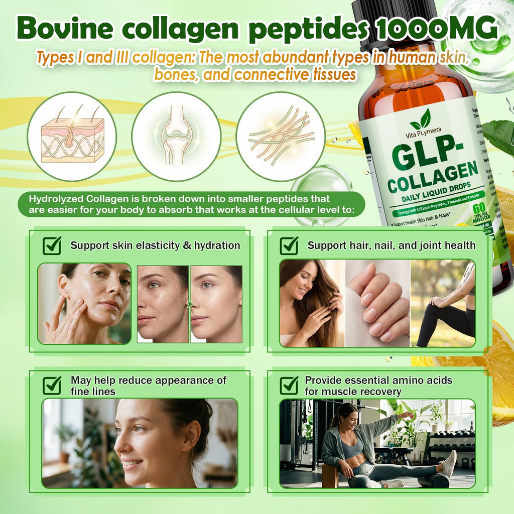 Vita PLynxera Hydrolyzed Collagen Peptides + Prebiotic & Probiotics Liquid Drops for Women, 60 Billion CFU Support Digestive Skin Hair Nails, Liquid Collagen Burn Drops