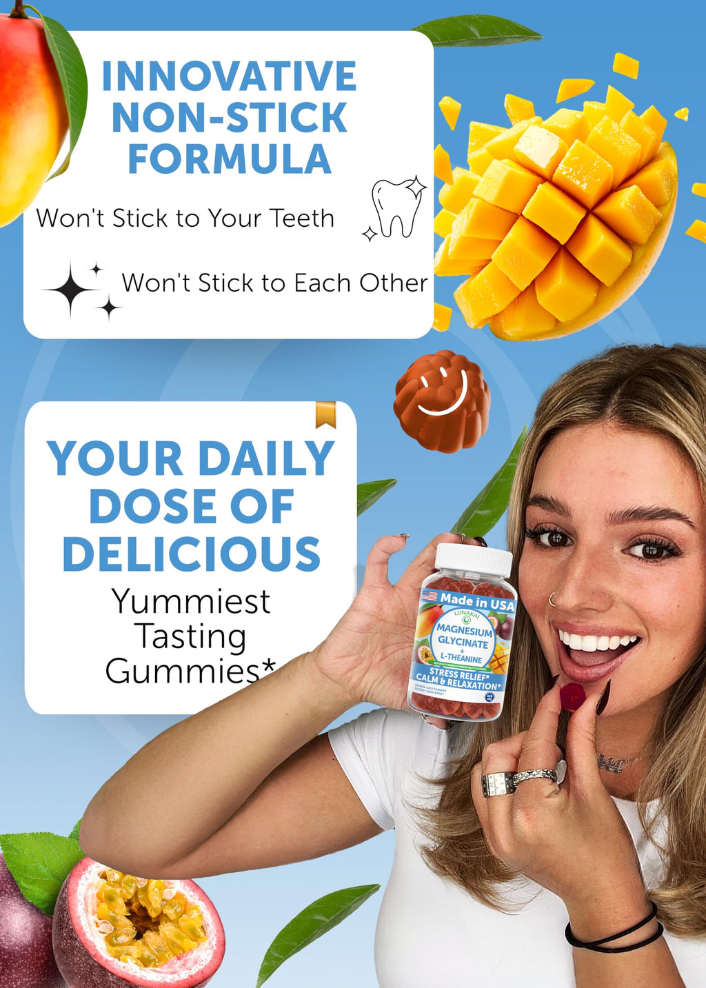 Lunakai USA Made Magnesium Glycinate Gummies with L-Theanine for Kids & Adults – 420mg Magnesium Supplement for Calm, Sleep & Stress Support - 3 Pack