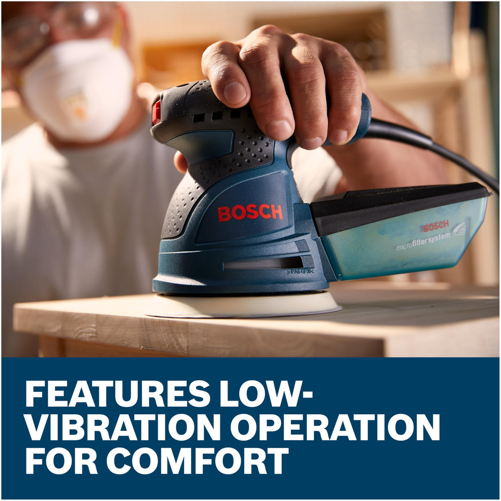 BOSCH ROS20VSC Palm Sander with Vacuum Dust Collector, 2.5 Amp 5 Inch Corded Variable Speed Random Orbital Sander, Polisher Kit with Soft Carrying Bag