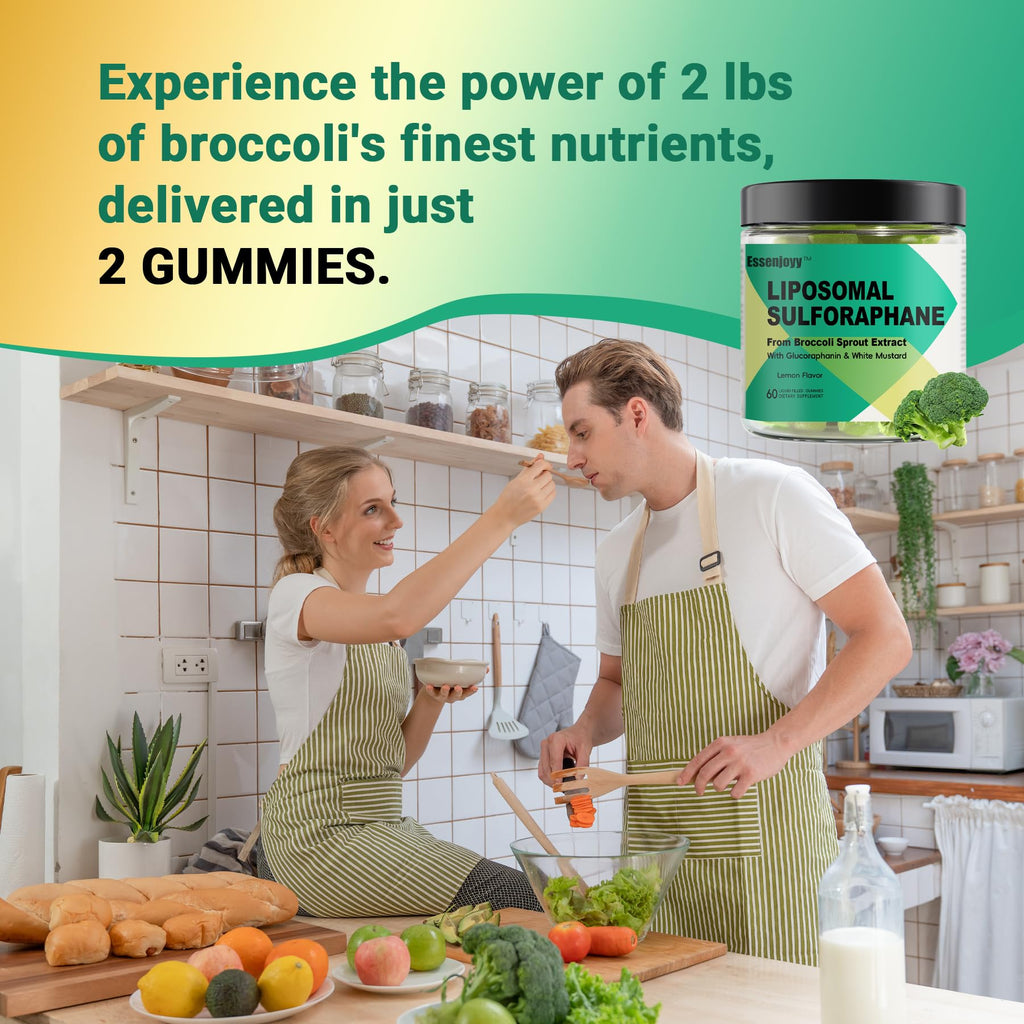 ESSENJOYY Liposomal Sulforaphane Supplement Gummies 150mg - Organic Broccoli Sprout Extract Supplement with Glucoraphanin, White Mustard for Antioxidant, Detox - Sugar Free, Lemon Flavored,120 Counts