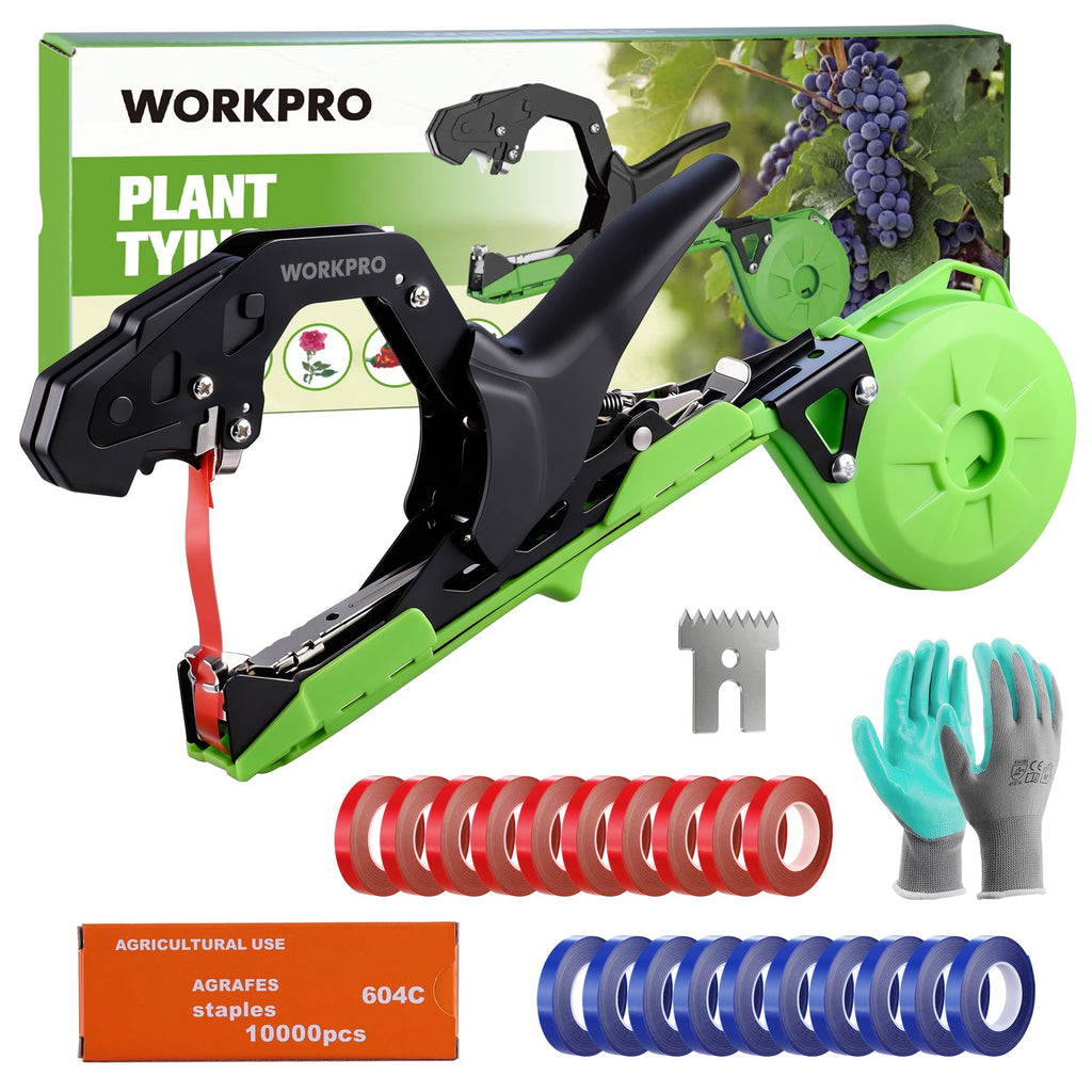 WORKPRO Plant Tying Machine with Gloves & 20 Rolls of Tape & 10,000 Staples