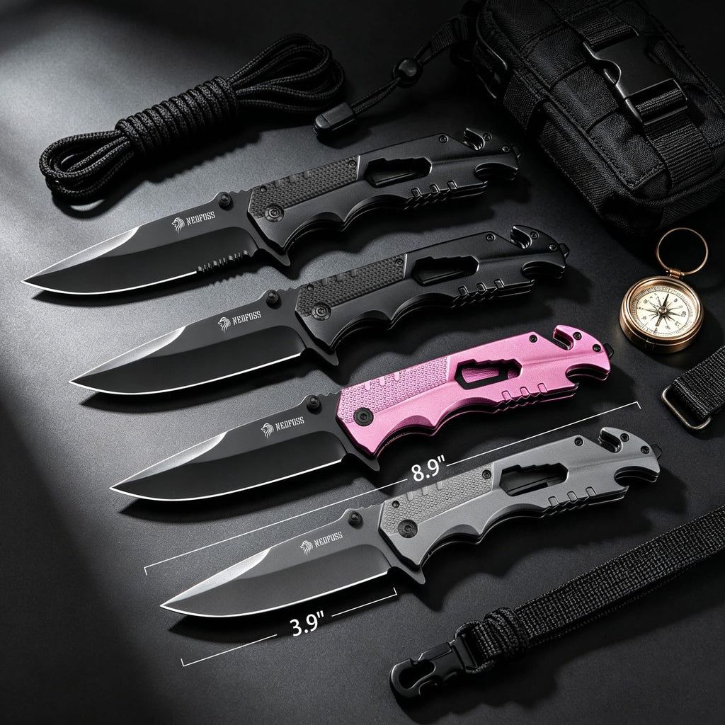 NedFoss FA48 Pink Pocket Knife for Women, 5-in-1 Tactical Knife with Clip, Glass Breaker, Seatbelt Cutter, Bottle Opener, Wrench, Aluminum Handle Survival Knife for Car Safety Essentials, Camping, Hunting