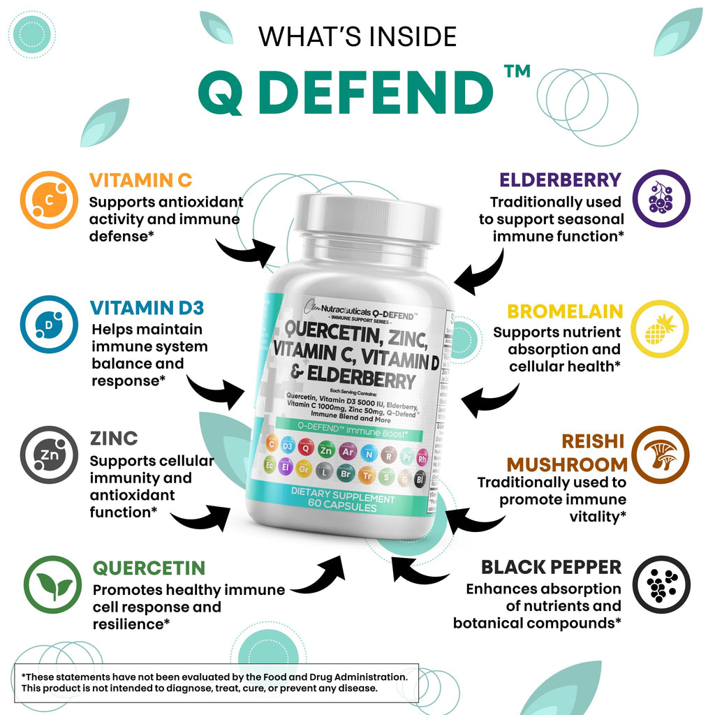 Q Defend Quercetin Supplement with Zinc Vitamin C Vitamin D Elderberry Turmeric Black Pepper Garlic Ginger Sea Moss Lysine Stinging Nettle Reishi Mushroom Immune Support 60 Capsules by Clean Nutra