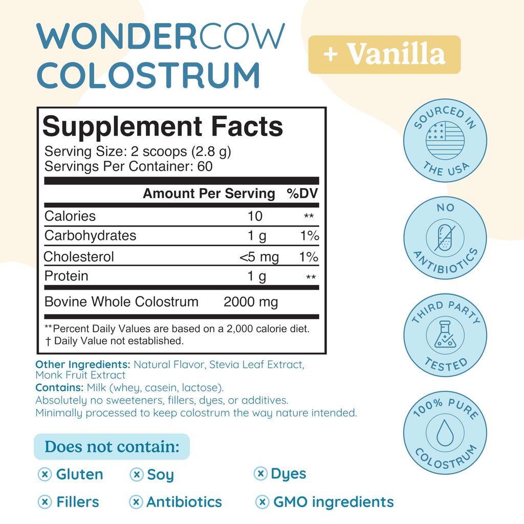 WONDERCOW Colostrum Supplement Powder for Gut Health, Immune Support & Wellness | Natural IgG Pure Whole Bovine Colostrum Superfood, Vanilla, 60 Servings