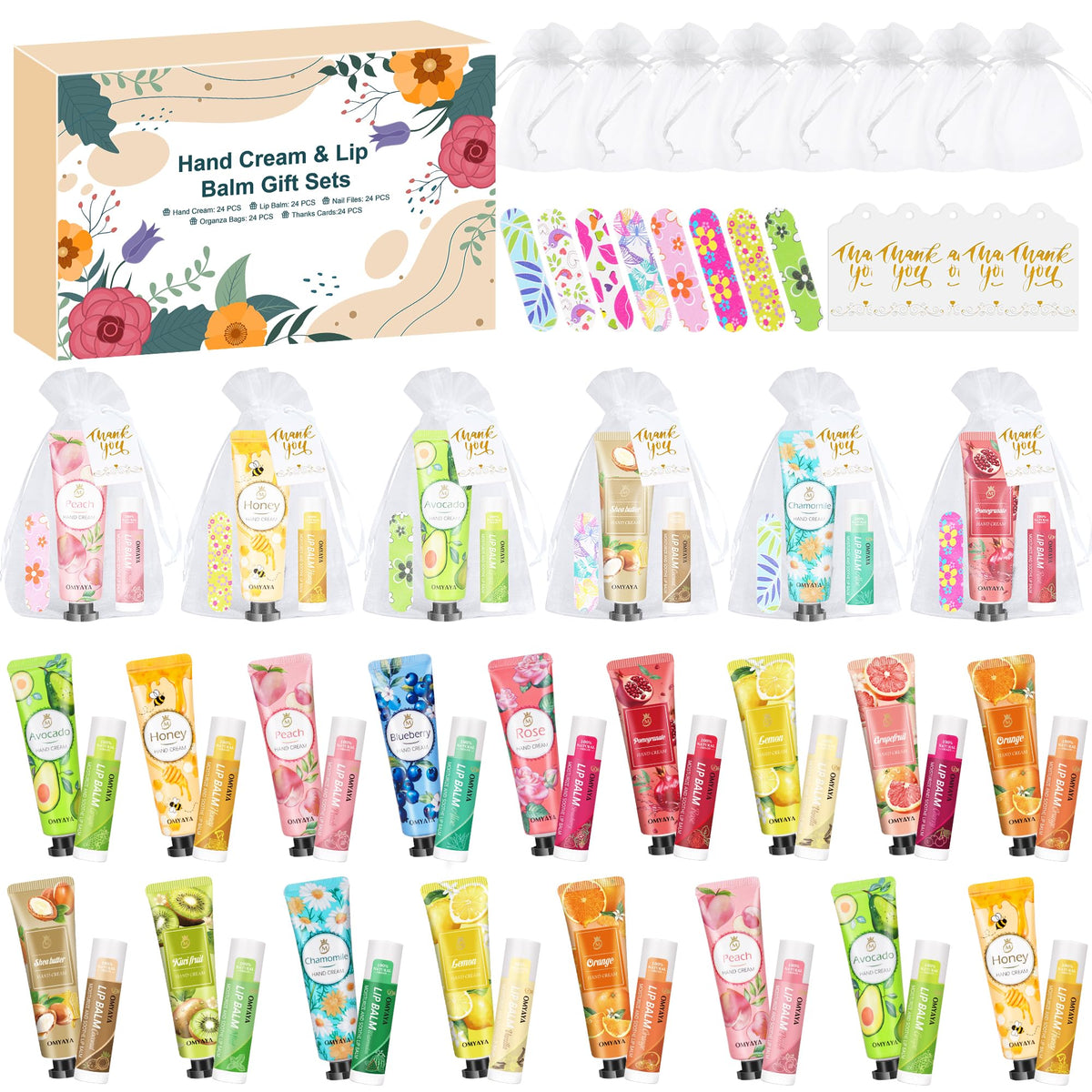 YUEONEWIN 24 Sets Bulk Gifts For Women, Hand Cream Lotion, Lip Balm, Mini Nail Files Gifts Set with Organza Bags, Thank You Card, Baby Shower Bridal Wedding Favor for Guests, Christmas Gift for Women
