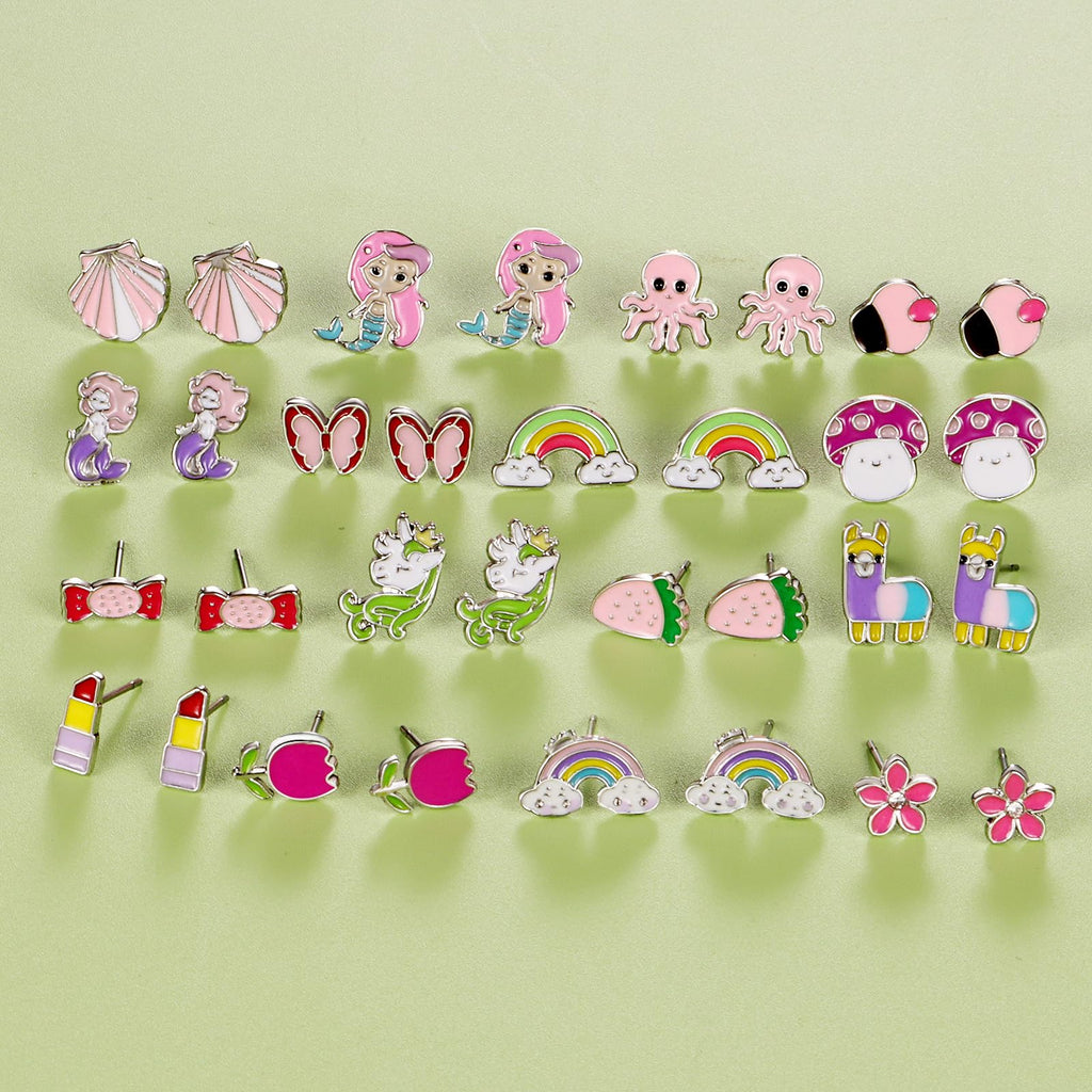 60 Pairs Cute Earrings Set - Hypoallergenic Stainless Steel Studs with Cartoon Characters, Colorful Faux Pearls & Sparkling Cubic Zirconias (#1)