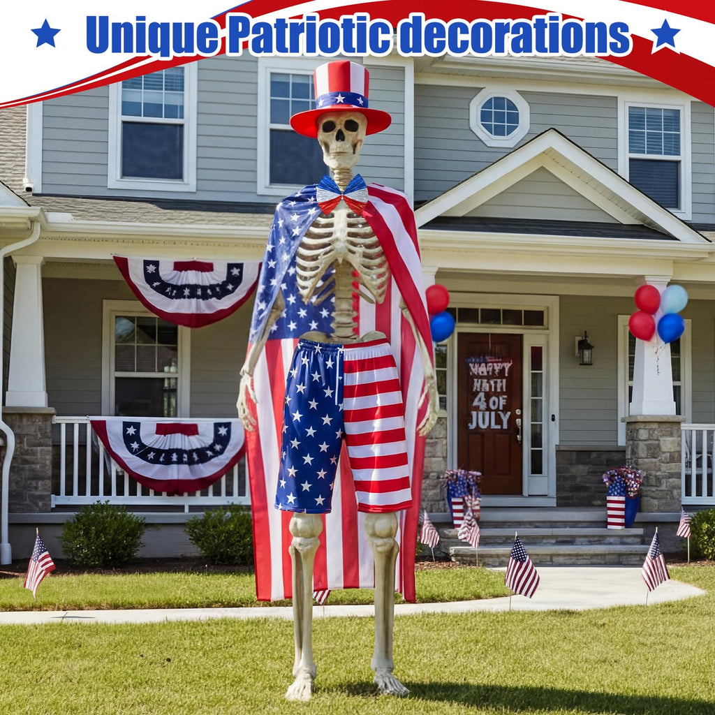 Cozypower 4 Pcs 4th of July 12 ft Skeleton Cloth Accessories, USA Flag Pattern Giant Skeleton Costume with Patriotic Hat, Cloak, Shorts and Bow Tie for Garden Lawn Decor 250th Anniversary Celebration