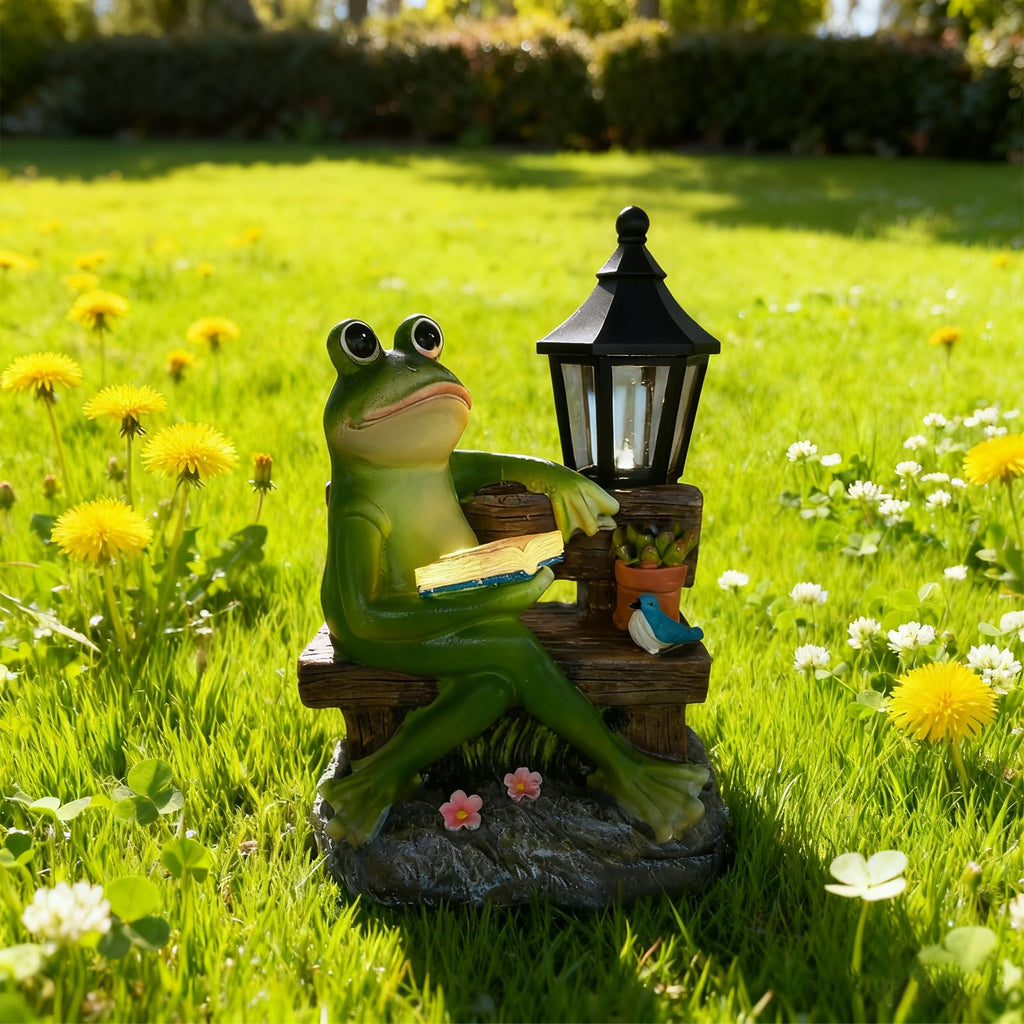 SAMPU Craft Reading Frog Solar Garden Statue with Lantern Light
