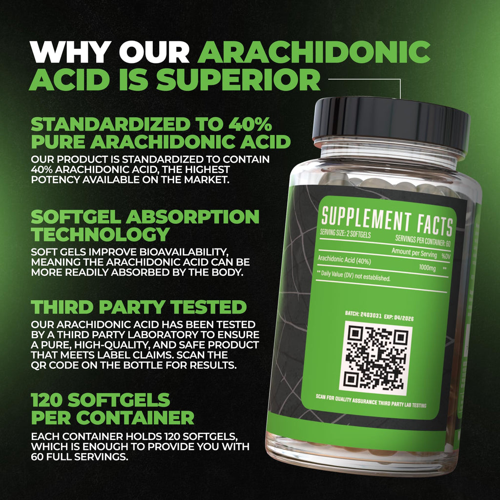 Huge Supplements Arachidone, Arachidonic Acid Supplement, Promotes Lean Mass & Increased Strength, Highest Dosed with 1000mg Per Serving, 120 Softgels