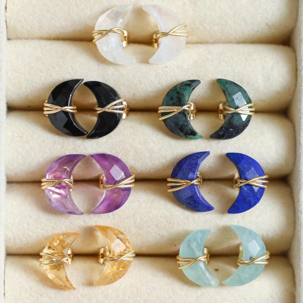Gempires Rainbow Moonstone Half Moon Stud Earrings for Women