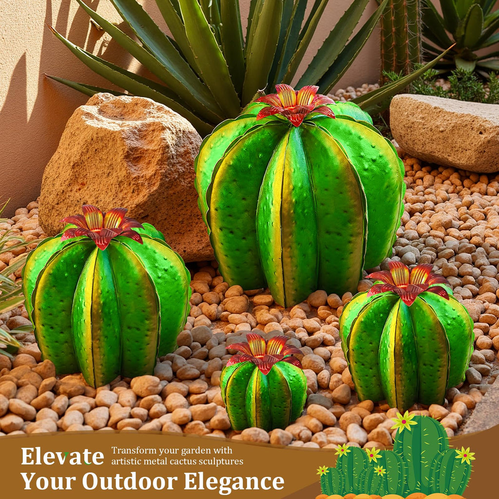inihpocv 4-Piece Metal Barrel Cactus Yard Art Set