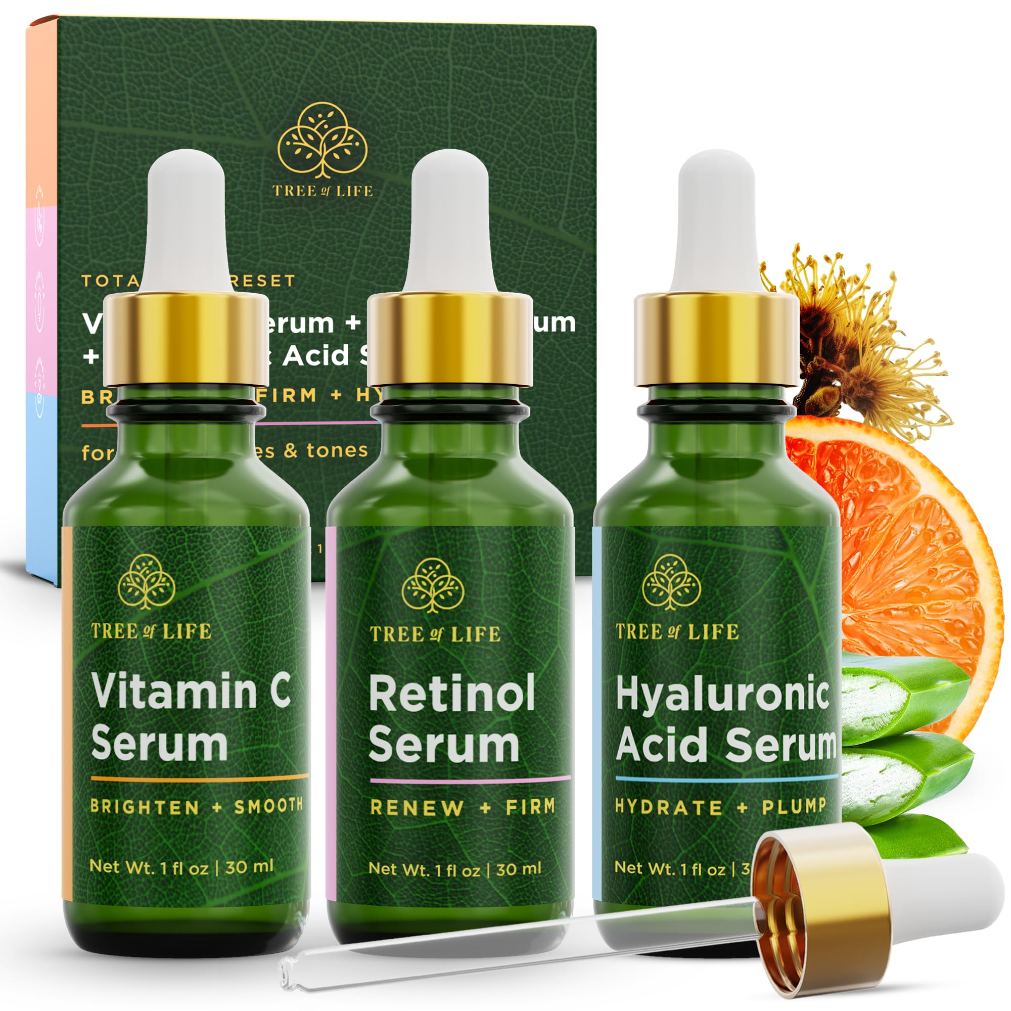 Tree of Life Beauty Facial Skin Care Set, Firming, Hydrating, Dry Face, Dermatologist Tested - Trio Power Kit, Vitamin C, Retinol and Hyaluronic Acid, 3 count of 1 Fl Oz