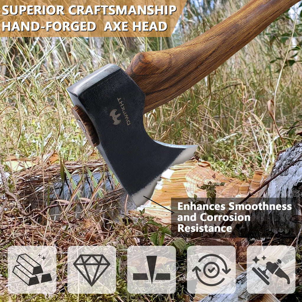 DWFKHT 15.7" Hatchet, Camping Hatchet, Hand-Forged Axe with Sheath for Wood Chopping, Splitting, and Carving, Bushcraft Axe with Beech Handle for Outdoor Survival and Garden Work