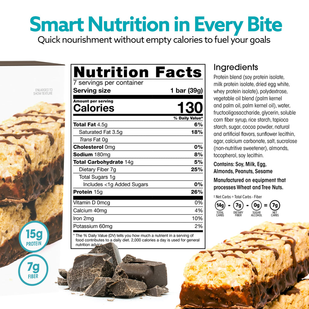 Wonderslim High Fiber Protein Bars, Fluffy S'more Crisp | 15g Protein, 8g Fiber | Low Sugar, Low Carb | Healthy Indulgence | Satisfying, Supports Energy & On-the-Go Convenience, 7 Pack