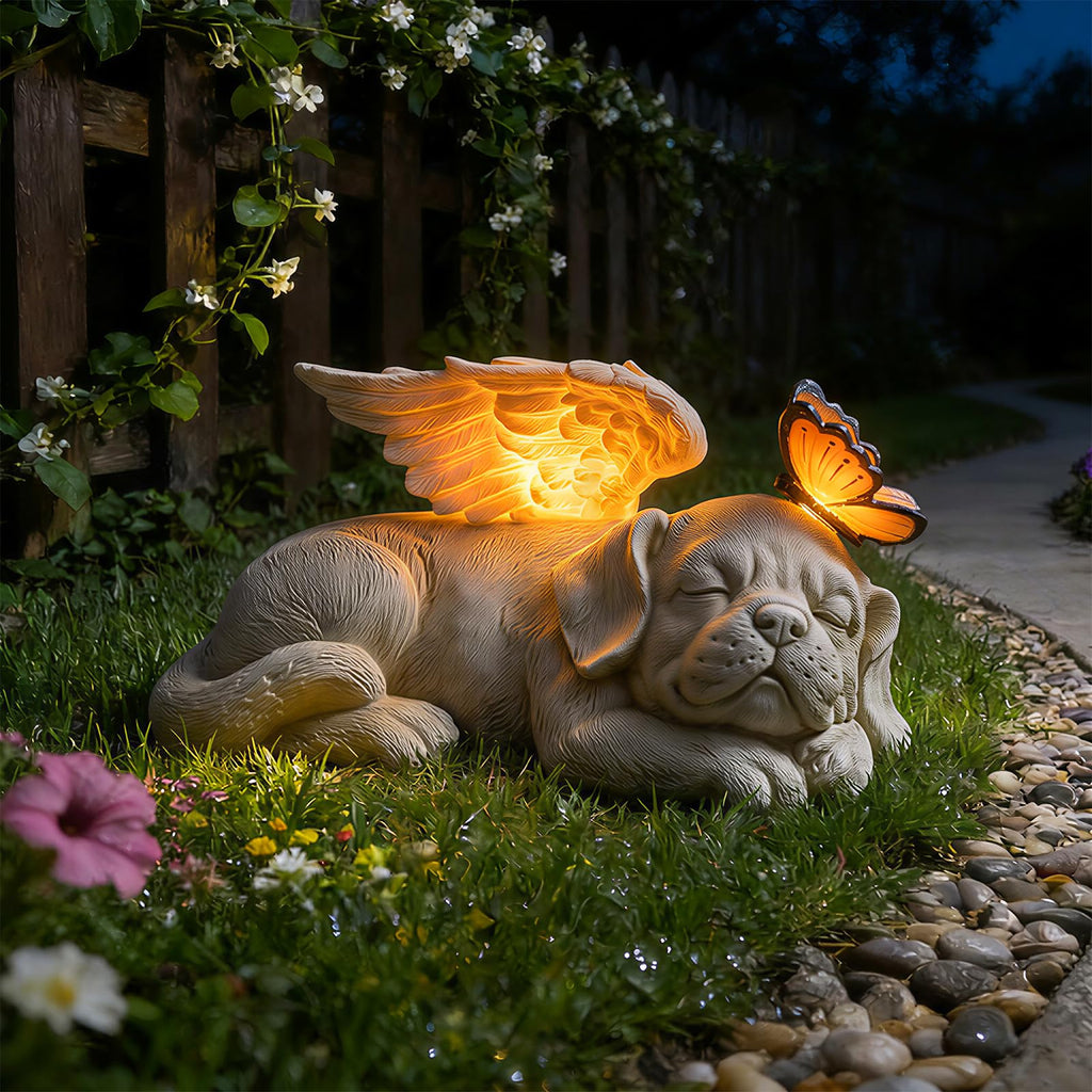 Sleeping Dog Angel Statue with Solar Light, Dog Memorial Garden Statue