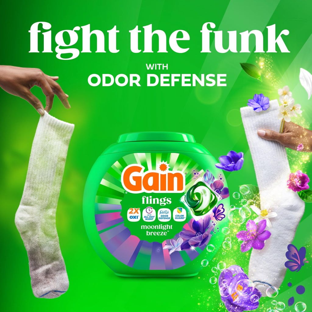 Gain Flings Liquid Washing Detergent Pacs with Odor Defense + Color Guard, Moonlight Breeze Scent, 4-In-1 Liquid Laundry Detergent Pods, Clean & Fresh, 60 Count (Packaging May Vary)