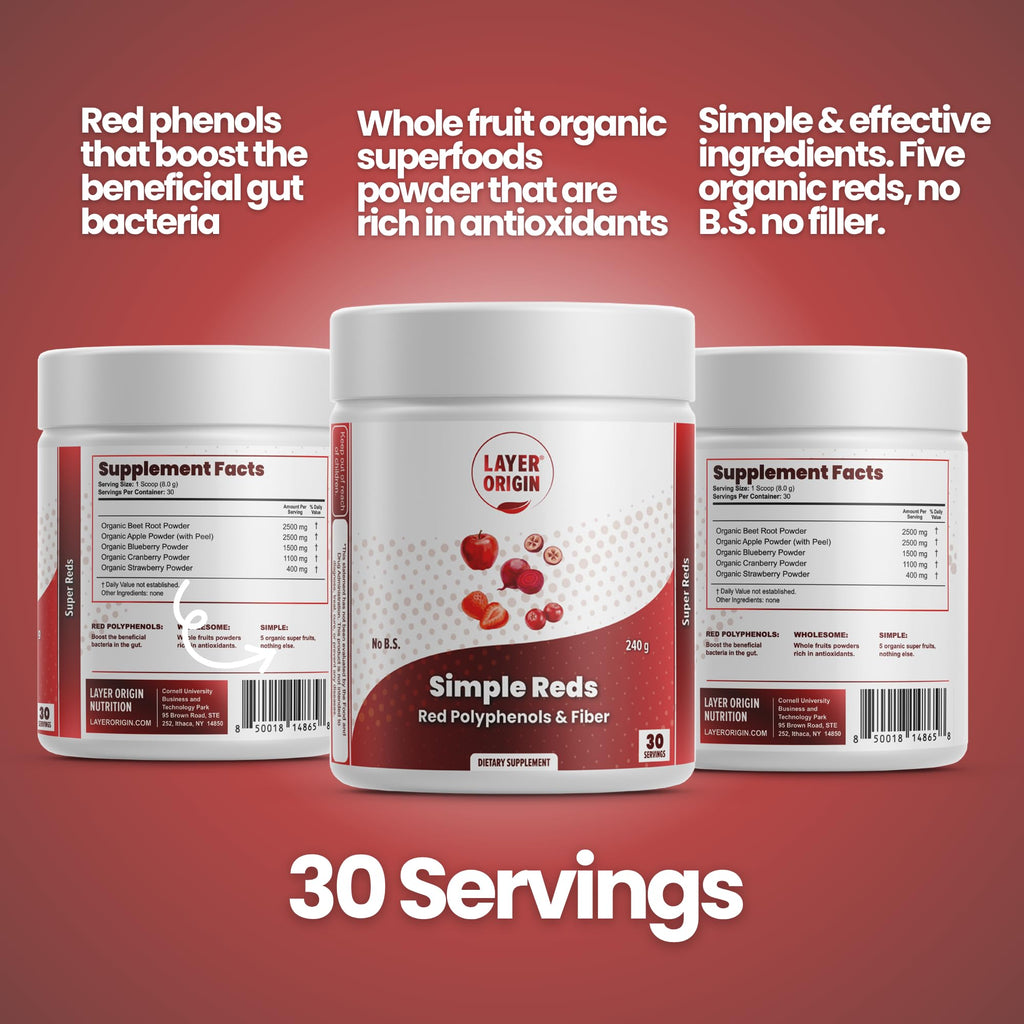 Layer Origin Simple Reds - Organic Red Polyphenols Whole Fruit Powder | Only Real Red Whole Fruits & Zero-fillers | 30 Servings