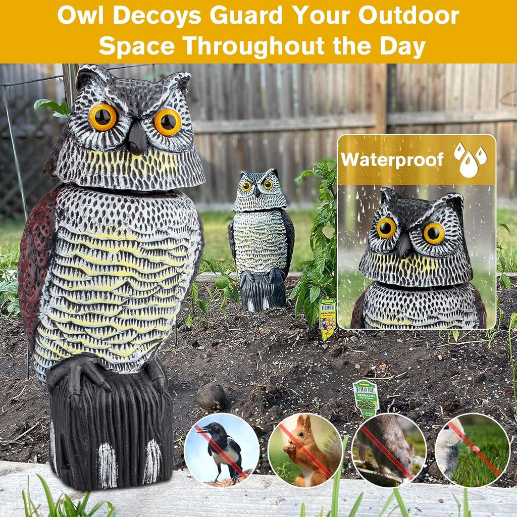 Fake Owl Statue to Scare Birds Away, Waterproof Moving Bird Deterrent Owl