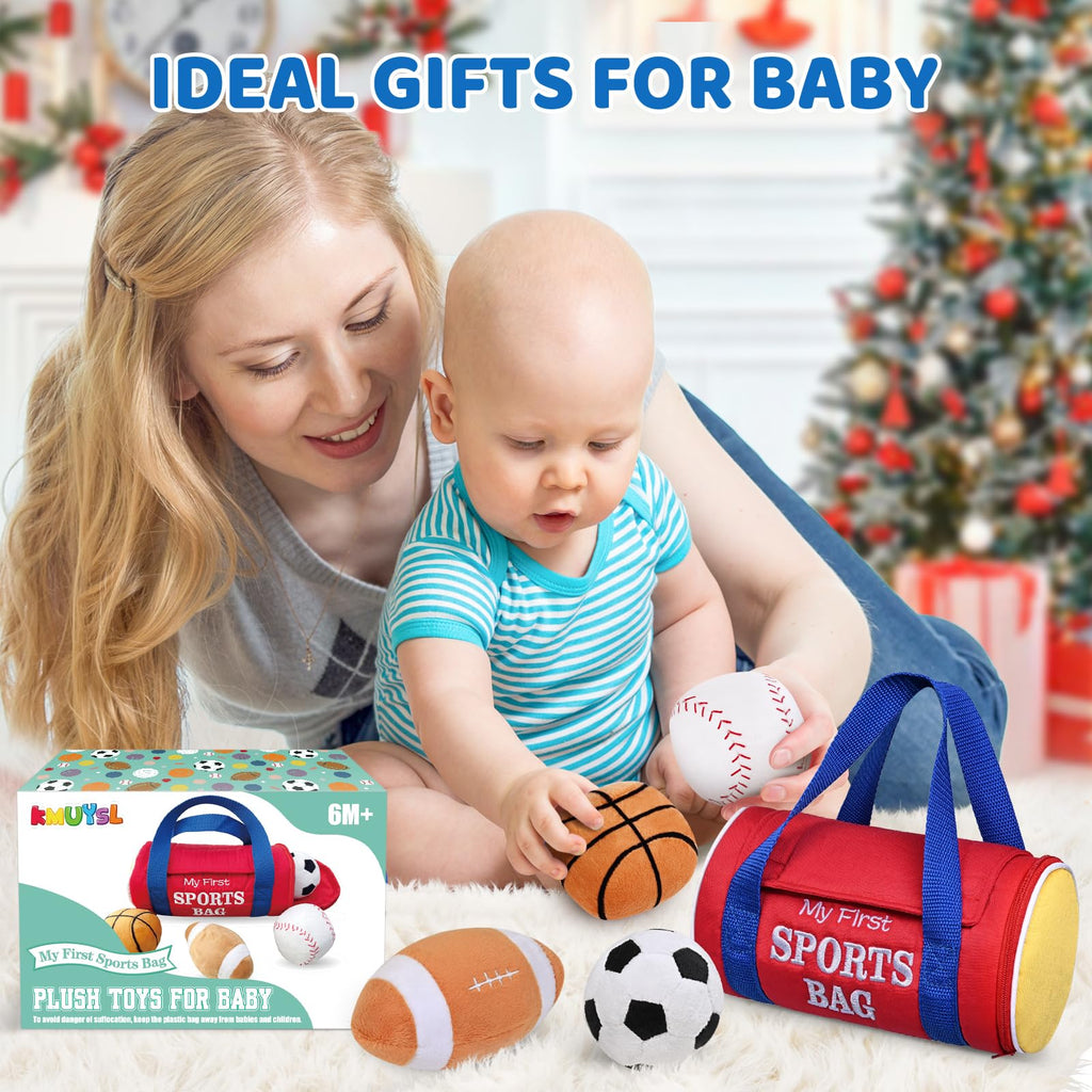KMUYSL Baby Toys 0-12 Months, My First Sports Bag Plush Toy - 4 Sensory Balls Soft Toys with Crinkle, Rattles for 0-3-6-9-12 Month Newborn Infant, 1st Birthday for Babies Boys Girls Age 1