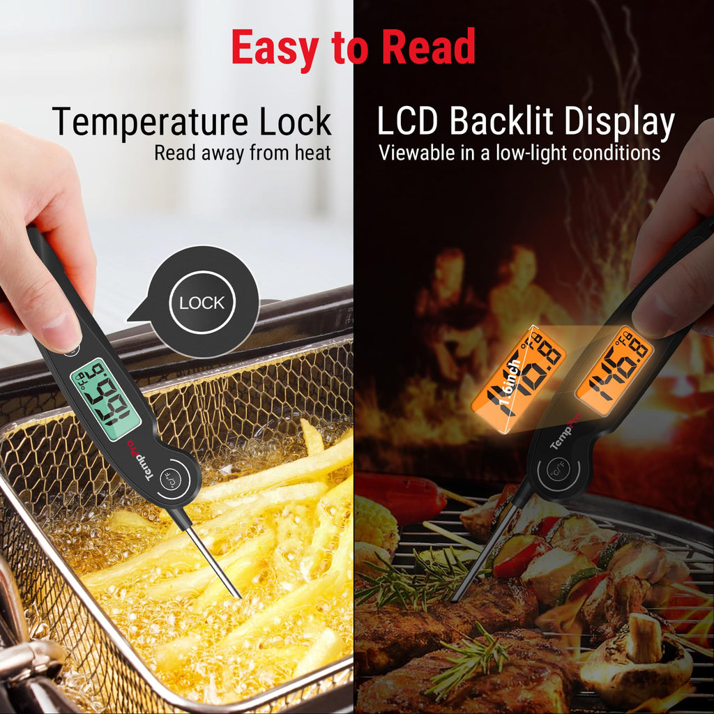 TempPro TP605 Instant Read Meat Thermometer for Cooking, Waterproof Digital Food Thermometer with Large Backlit LCD, Kitchen Thermometer for Grilling, Smoking & Candy Making (Previously ThermoPro)