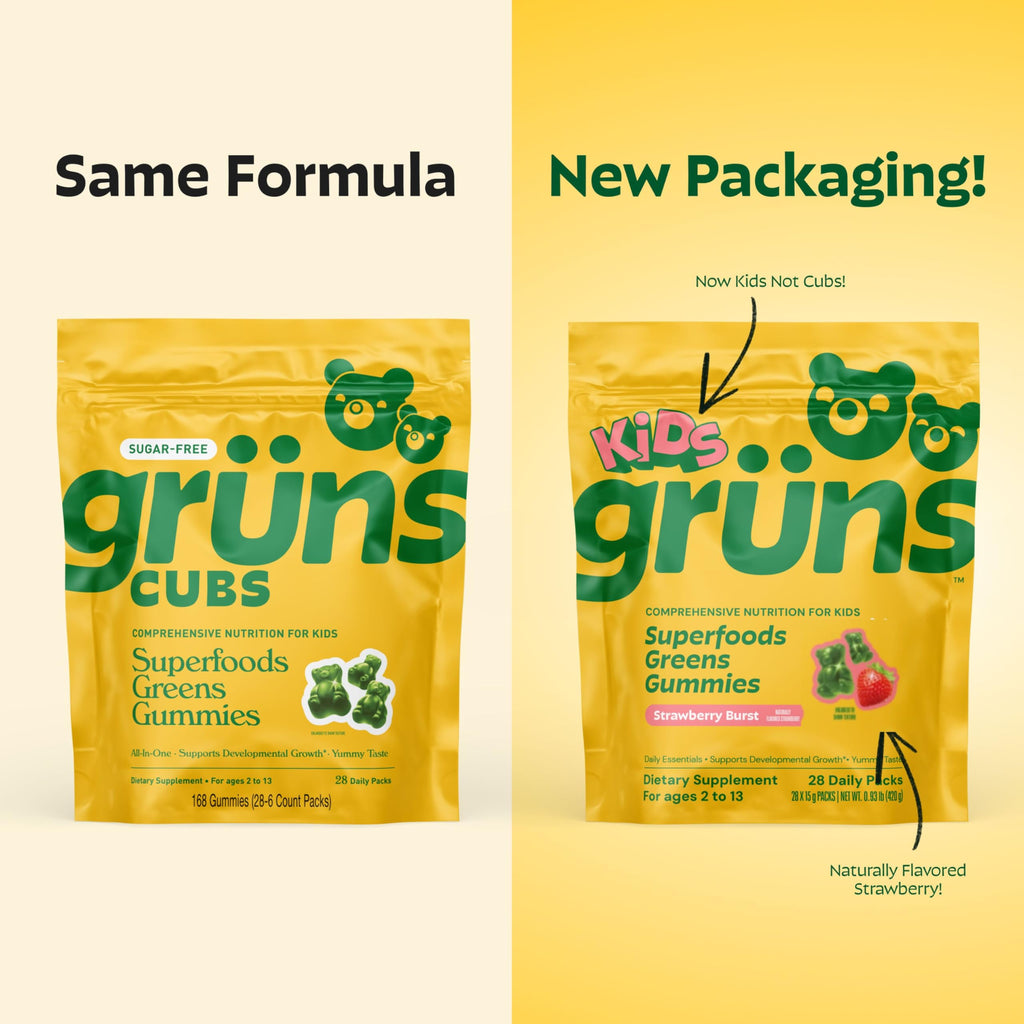 Gruns Multivitamin for Kids, Super Greens Gummies, Superfood Gummy Bears with 20+ Vitamins & Minerals, Spirulina, Chlorella, Alfalfa, Prebiotics Fiber for Digestive Health, Adaptogens Supplement, 28ct