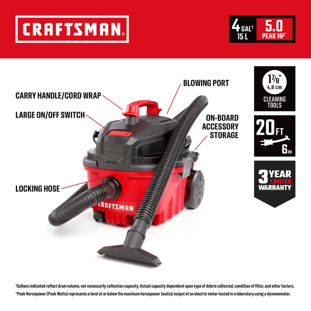 CRAFTSMAN CMXEVBE17040 4 Gallon 5.0 Peak HP Wet Dry Shop Vacuum