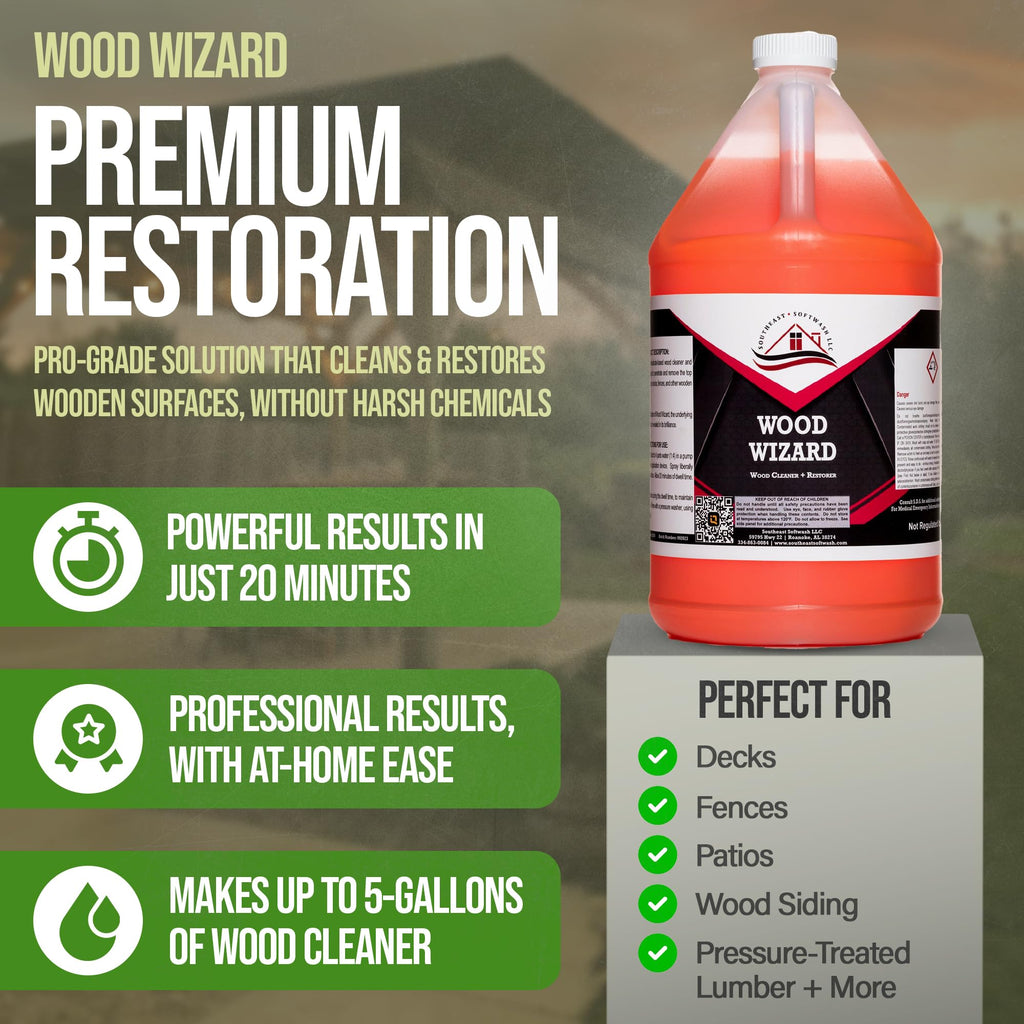 Southeast Softwash Wood Wizard | Heavy Duty Wood Floor Cleaner & Stain Remover | No-Bleach Wooden Floor Cleaner for Decks, Fences, & Docks | Odorless Concentrated Solution (1 Gallon Jug, 4 Pack)