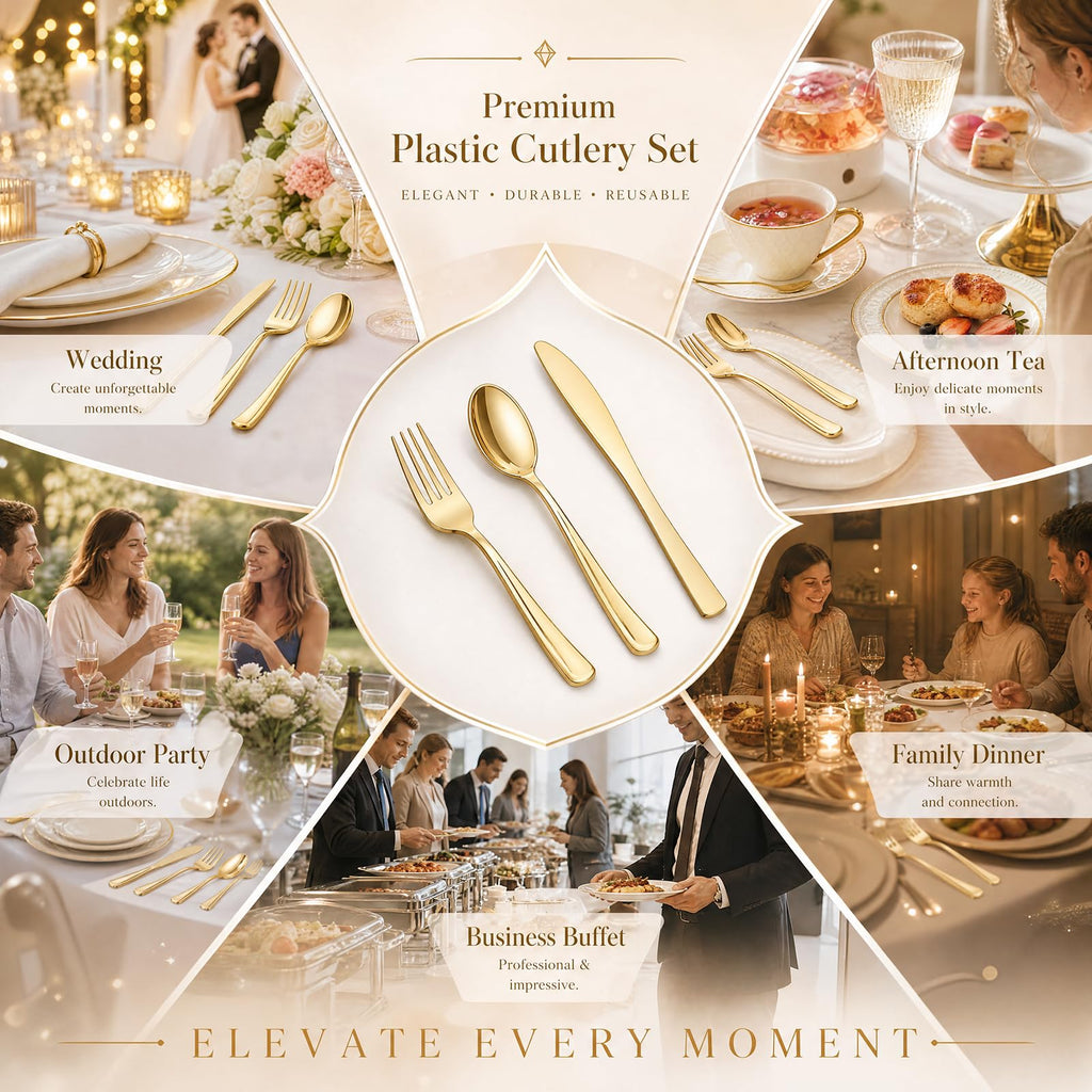 WDF 180 Count Gold Plastic Silverware Set - Heavy Duty Disposable Cutlery (60 Forks, 60 Knives, 60 Spoons) - BPA-Free Gold Flatware for Wedding/Fall Party/Baby Shower/Thanksgiving/Christmas