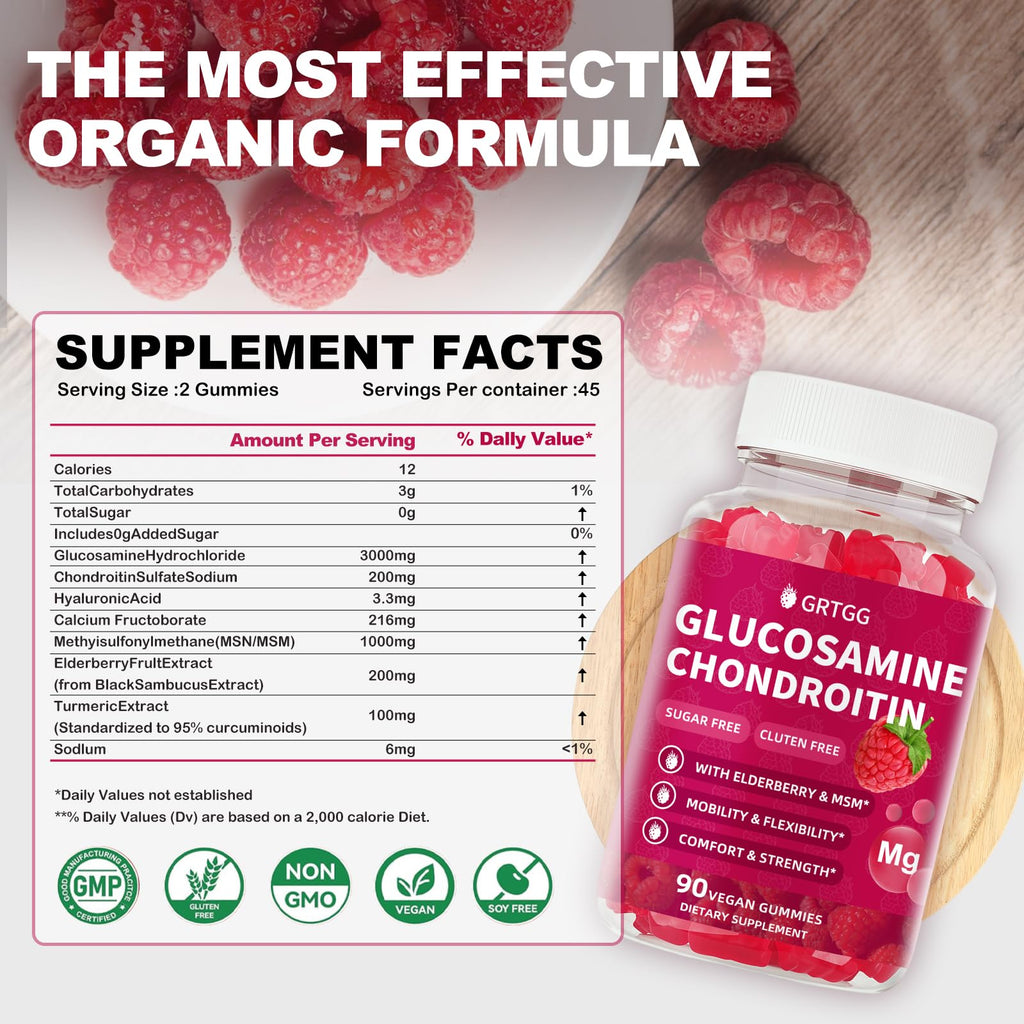 GRTGG Glucosamine Chondroitin Gummies with MSM & Elderberry Extra Strength 3000MG - Joint Support, Antioxidant Immune Support Supplement for Adults, Men & Women - 90 Raspberry Gummies