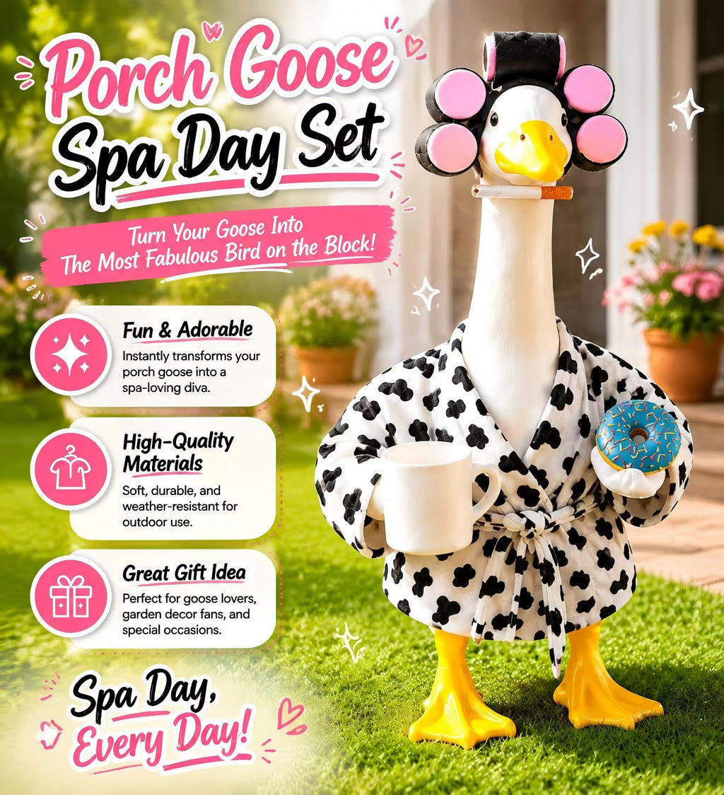 shpipa Goose Porch Outfit, 23-Inch Goose Statue, Leopard Print Bathrobe for Patio Home Decor, Comes with Curler, Waist Belt, Donut & Coffee Cup