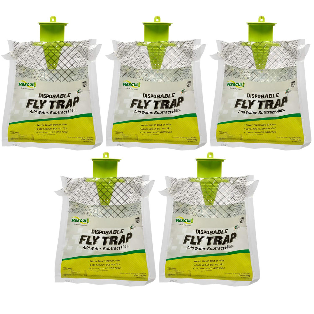 RESCUE! Outdoor Disposable Fly Trap – Hanging Fly Catcher with Attractant Bait, Fly Bag for Patio, Yard, Trash & Farm Areas – Easy-to-Use Outdoor Fly Control - 5 Traps