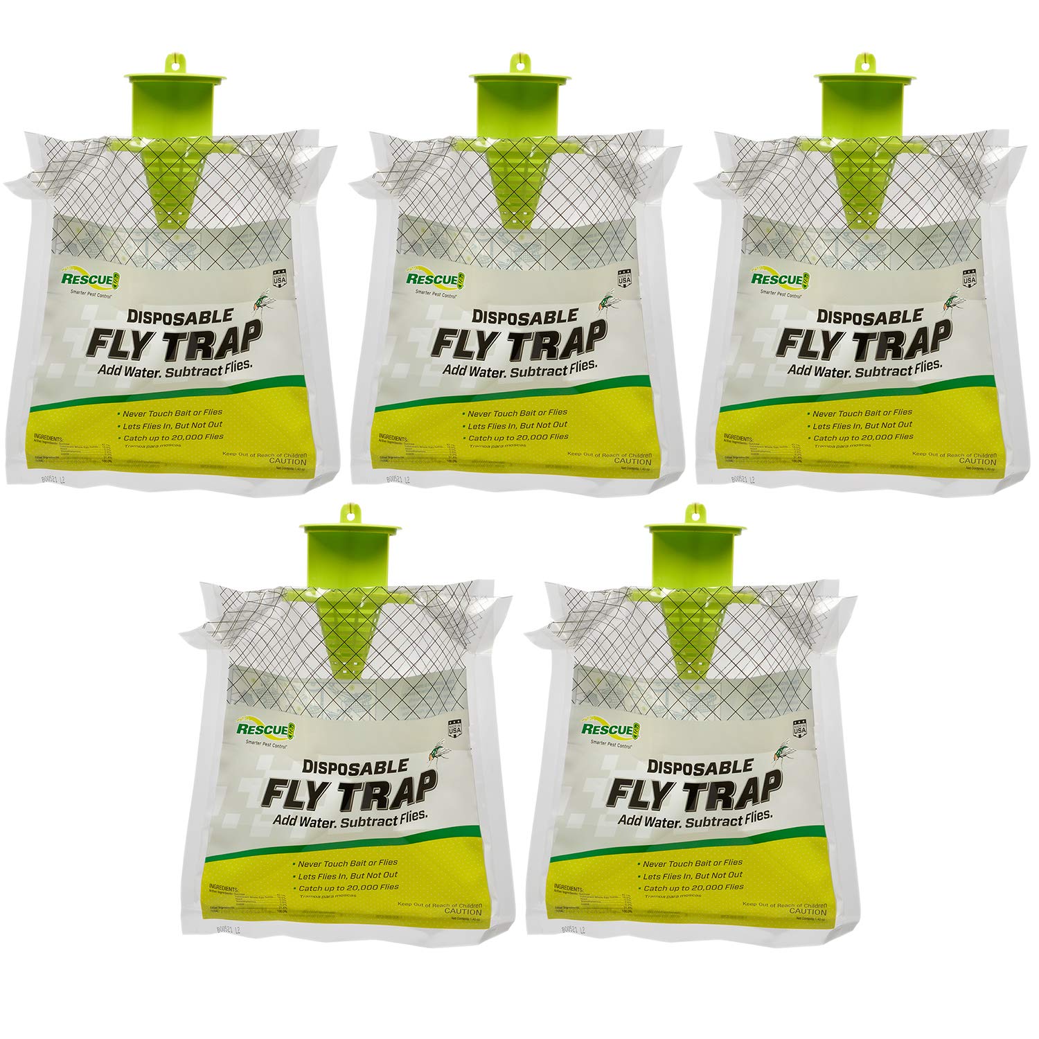 RESCUE! Outdoor Disposable Fly Trap – Hanging Fly Catcher with Attractant Bait, Fly Bag for Patio, Yard, Trash & Farm Areas – Easy-to-Use Outdoor Fly Control - 5 Traps